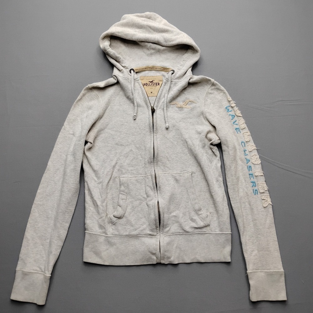Hollister Wave Chasers Waffle Knit Full Zip Hoodie Gray Medium
